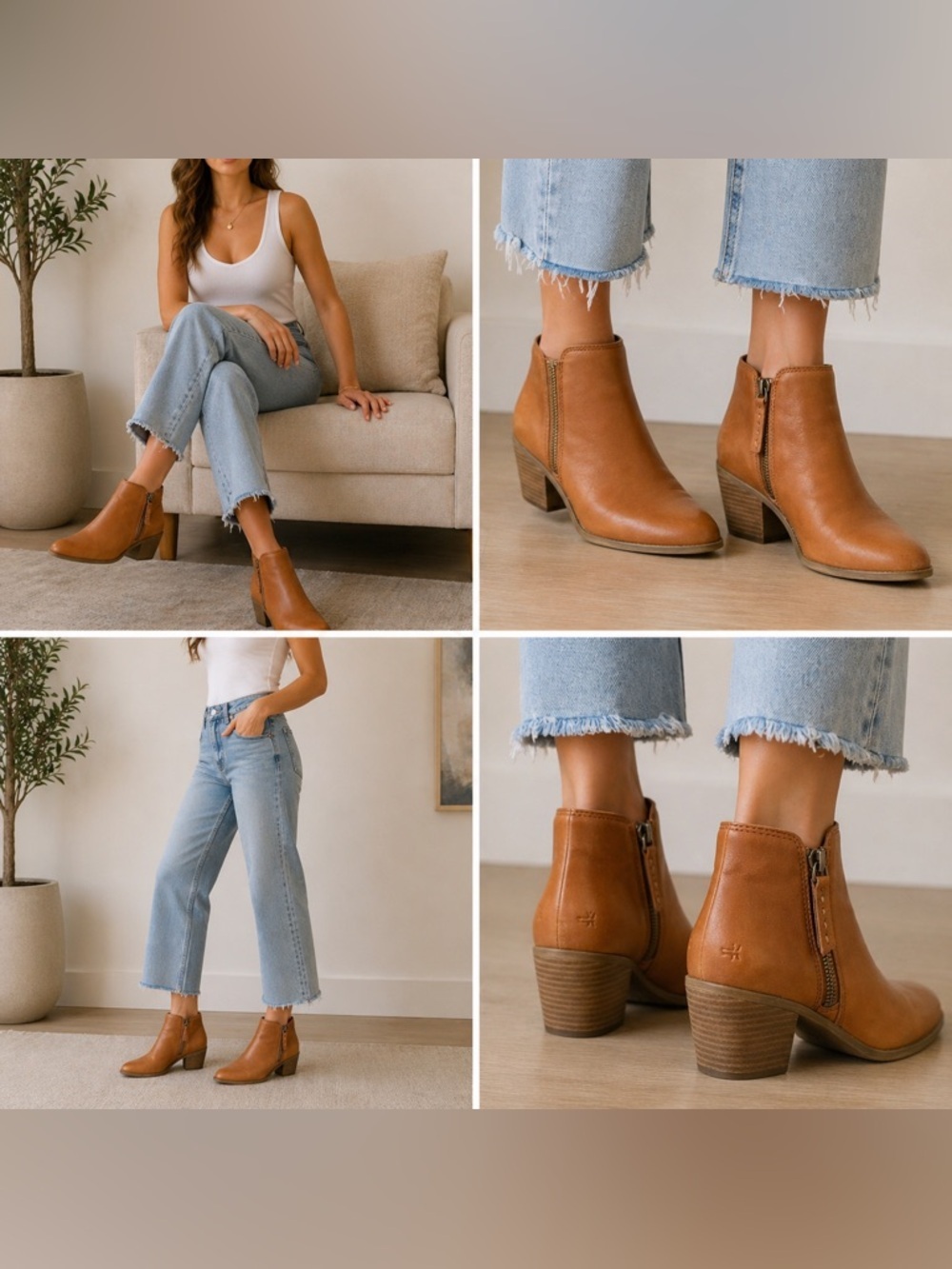 Frye Judith Double Zip Leather Ankle Boots Cognac Brown Size 9M